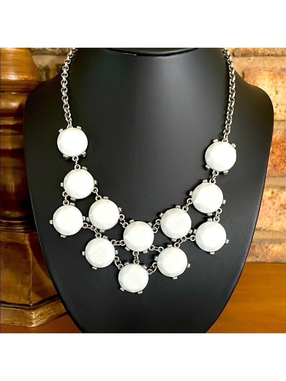Vintage White Cabochon and Silvertone Bib Statement Necklace